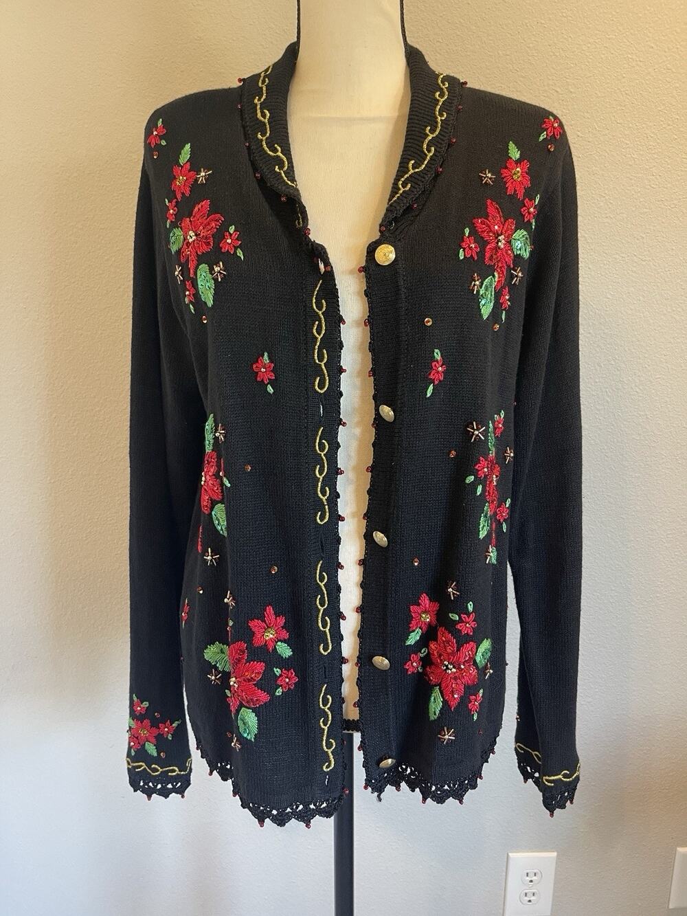 Cove Creek Women's Large Vintage Christmas Sweater Cardigan Poinsetta